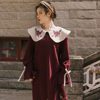 Flower Embroidered Lace Panel Long-sleeve Midi Dress