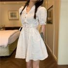 Short-sleeve Lace Trim Drawstring Mini Collared Dress White - One Size