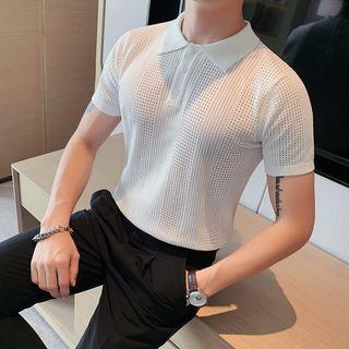 Short-sleeve Collar Pointelle Knit Top