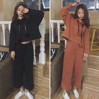 Set: Cropped Pompom Hoodie + Wide Leg Pants