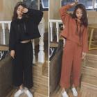 Set: Cropped Pompom Hoodie + Wide Leg Pants