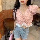 Short-sleeve V-neck Drawstring Floral Print Top