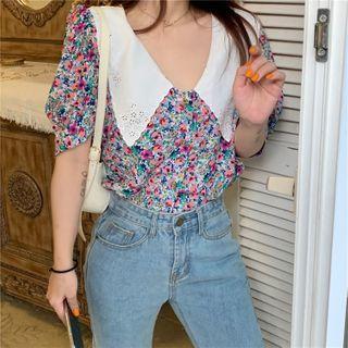 Short-sleeve Floral Print Blouse Purple - One Size