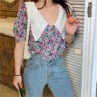 Short-sleeve Floral Print Blouse Purple - One Size