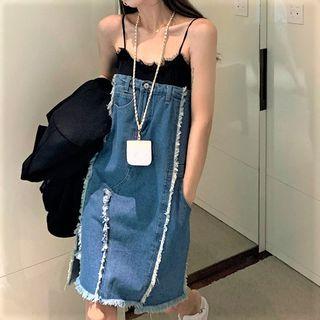 Spaghetti Strap Panel Denim Mini Shift Dress