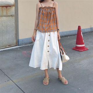 Spaghetti-strap Plaid Top / Buttoned A-line Midi Skirt