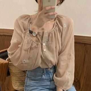 Floral Embroidered Balloon-sleeve Blouse As Shown In Figure - One Size