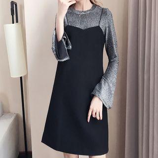 Set: Long Bell-sleeve Top + Pinafore A-line Dress