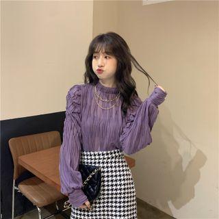 Long-sleeve Shirred Blouse / Patterned Mini A-line Skirt