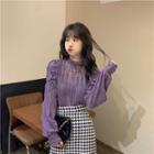 Long-sleeve Shirred Blouse / Patterned Mini A-line Skirt
