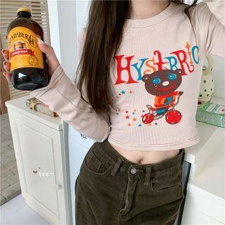 Long-sleeve Cartoon Print T-shirt Khaki - One Size