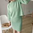 Set: Plain Sweater + Rib Knit Mini Tank Dress