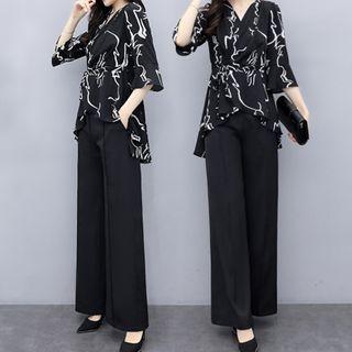 Set: Patterned Elbow-sleeve Top + Wide-leg Pants