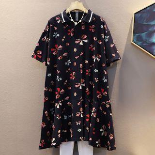 Short-sleeve Bow Print Chiffon A-line Polo Dress Blue - One Size