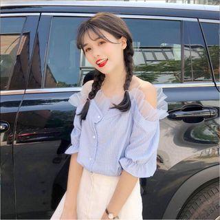 Frill Trim Pinstriped Off Shoulder Elbow Sleeve Blouse