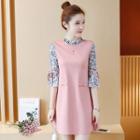 Mock Two Piece Floral Print Panel 3/4 Sleeve Dress