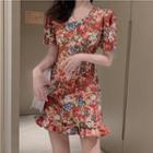 Floral Print V-neck Ruffle-trim Dress As Shown In Figure - One Size