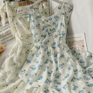 Ribbon-strap Printed Ruched Midi Dress