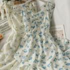 Ribbon-strap Printed Ruched Midi Dress