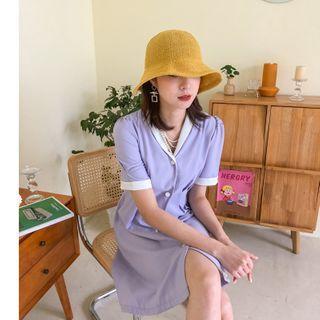 Contrast Trim Short-sleeve Button A-line Dress