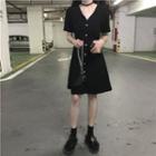 Short-sleeve Button-up Midi Dress Black - One Size