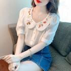 Elbow-sleeve Collar Floral Embroidered Chiffon Blouse
