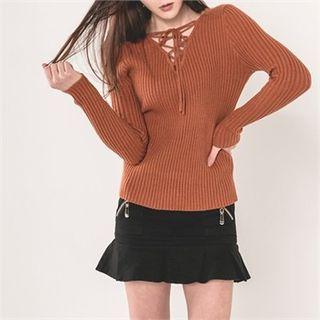 Zip-detailed Ruffle-hem Mini Skort