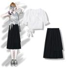 Tie-waist Short-sleeve Blouse / Midi A-line Skirt