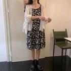 Flower Print Spaghetti Strap Shift Dress / Open Front Light Jacket