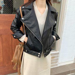 Wide-lapel Pleather Biker Jacket Black - One Size