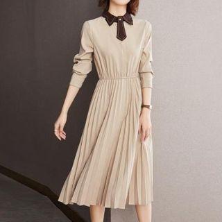 Long-sleeve Pleated Midi A-line Polo Dress