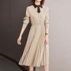 Long-sleeve Pleated Midi A-line Polo Dress