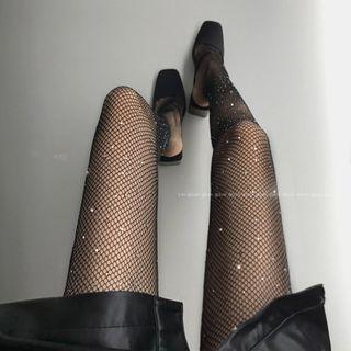 Rhinestone Fishnet Tights Black - One Size