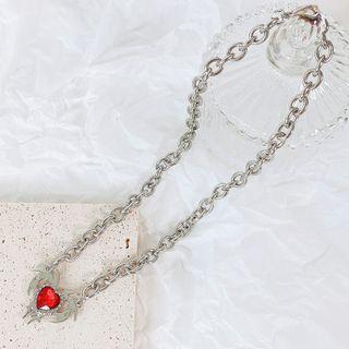 Rhinestone Heart Chain Necklace Red - One Size