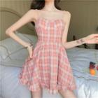 Spaghetti Strap Plaid Frill Trim Mini A-line Dress