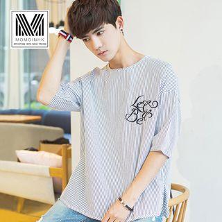 3/4-sleeve Striped Embroidered Top