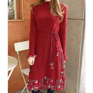 Floral Print Trim Rib-knit Dress Red - One Size