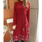 Floral Print Trim Rib-knit Dress Red - One Size