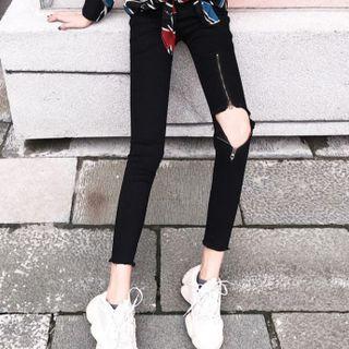 High-waist Zip Ripped Jeans