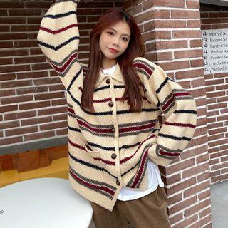 Striped Collared Cardigan Stripe - Almond - One Size