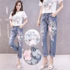 Short-sleeve Flower Accent T-shirt / Ripped Straight-cut Jeans