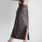 Pocket-detail Faux-leather Midi Skirt
