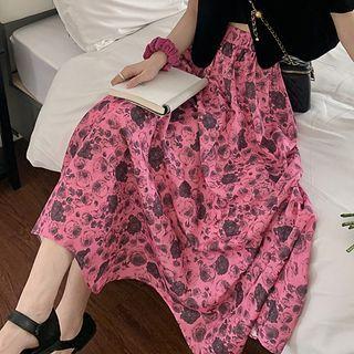 Puff-sleeve Velvet Blouse / Floral Print Midi A-line Skirt
