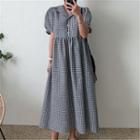 Short-sleeve Gingham Collared Midi A-line Dress