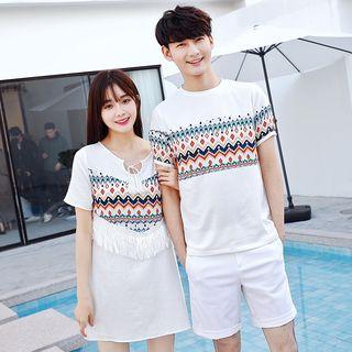 Couple Matching Patterned T-shirt / Tasseled Dress
