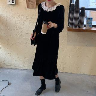 Collared Long-sleeve Velvet Midi A-line Dress Black - One Size