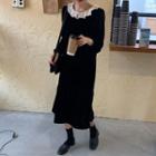 Collared Long-sleeve Velvet Midi A-line Dress Black - One Size