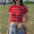 Short-sleeve Eye Print Striped Knit Top Red - One Size
