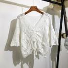 Elbow-sleeve Drawstring Crochet Knit Cropped Top White - One Size