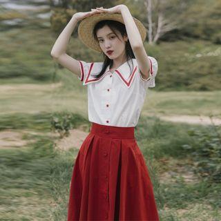Set: Puff-sleeve Blouse + Plain Midi A-line Skirt